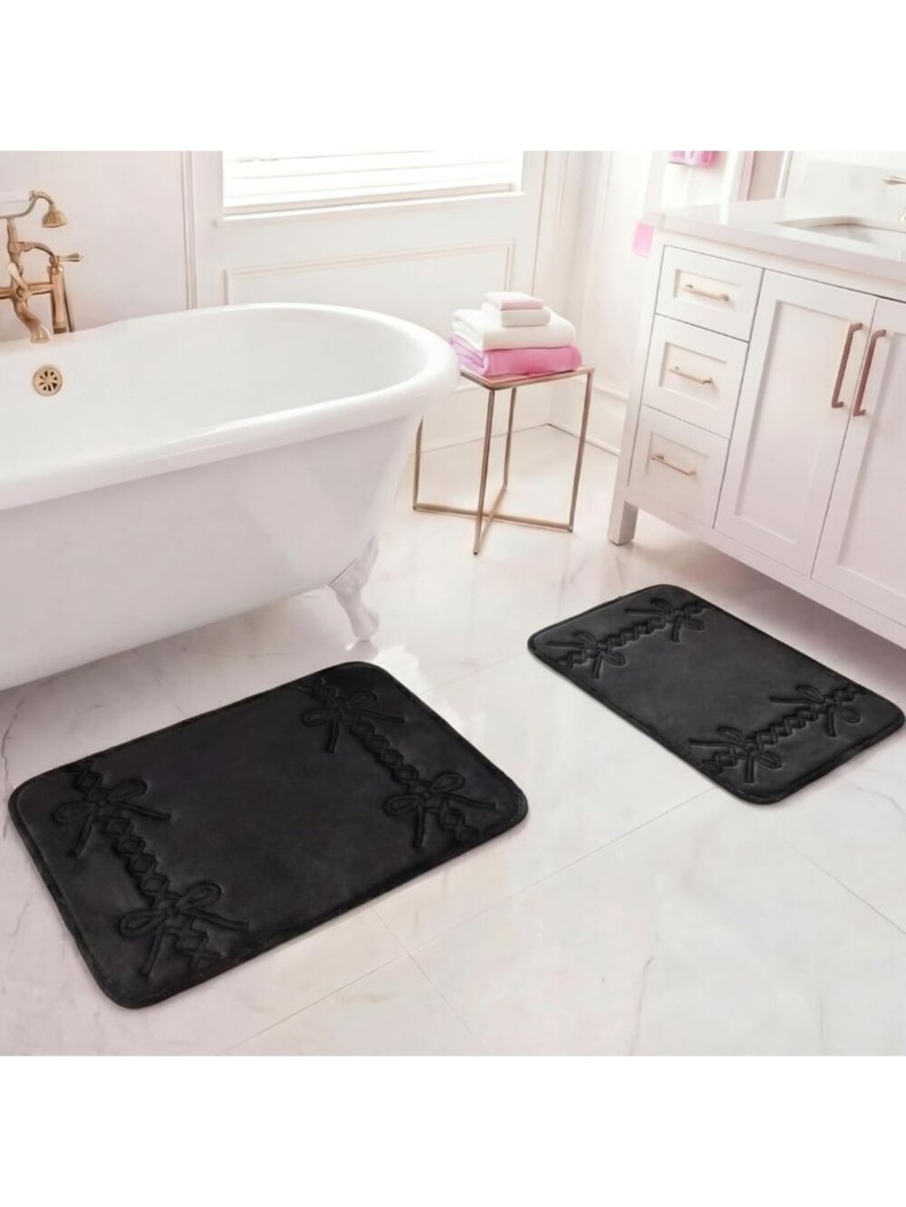 Quilted 2-Piece Memory Foam Bath Mat Set - Skid-Resistant, Corset Bows, Black